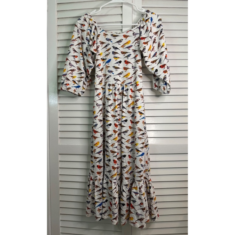 Svaha USA Women's Size XS White Smocked 100% Cotton Bird Print Knit Dress